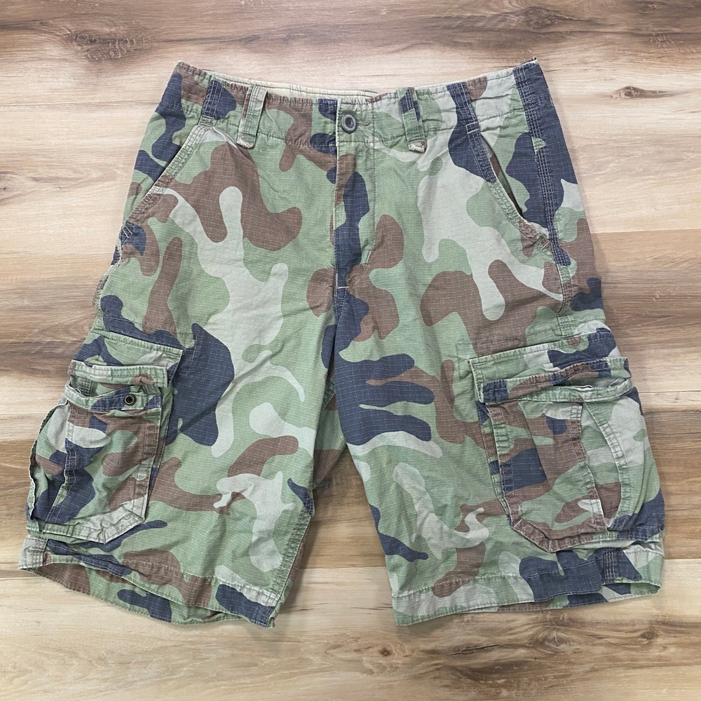 American Eagle Cargo Shorts 31 Camo Ripstop Longer Length Y2K Green Cotton